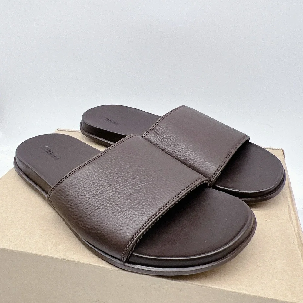 Olukai Olali Men's Slides Sandals Dark Java Brown Leather Size EU 45 US 12 NEW